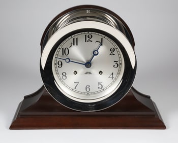 Nickel Plated Chelsea Ship's Bell Clock on Mahogany Stand
