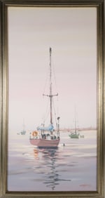 Kerry Hallam Oil on Canvas "Sailboats Anchored in Calm Harbor"