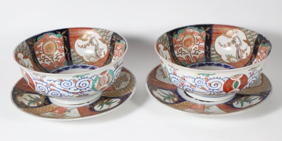 Pair of Antique Japanese Imari Bowls and Matching Underplates
