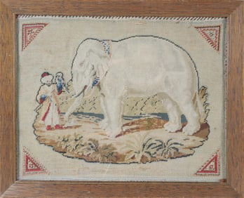 19th C. Needlework Depicting an Elephant, Made by Rebecca Russell Gardner