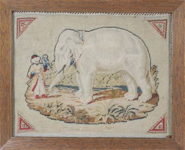 19th C. Needlework Depicting an Elephant, Made by Rebecca Russell Gardner: 19th C. Needlework Depicting an Elephant, Made by Rebecca Russell Gardner, with original handwritten Provenance on reverse 11 in. x 14 in. Framed 13 in. x 16 in.