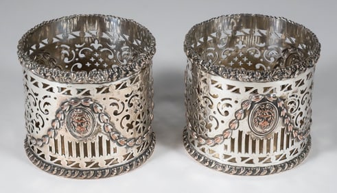 Pair of Antique English Silver Plated Pierced and Repousse Wine Coasters, 19th Century