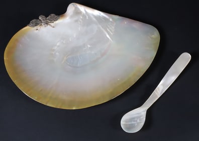 Mother of Pearl Caviar Shell Dish and Spoon Adorned with Silver Plated Bumble Bee