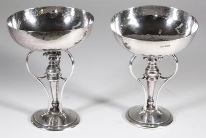 Pair of Art Deco Hand Hammered Sterling Silver Compotes, by James Dixon & Sons, circa 1905