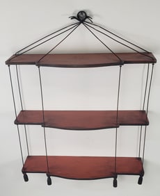Vintage Mid Century Red Painted Three Tier Wire and Plank Hanging Shelf, 20th century