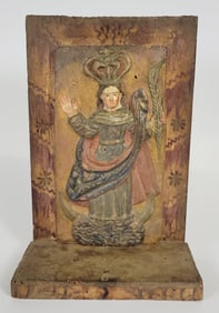Antique Continental Colonial Carved Polychrome Decorated Religious Icon