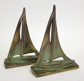 Pair of Vintage Art Deco Patinated Brass Sailboat Bookends