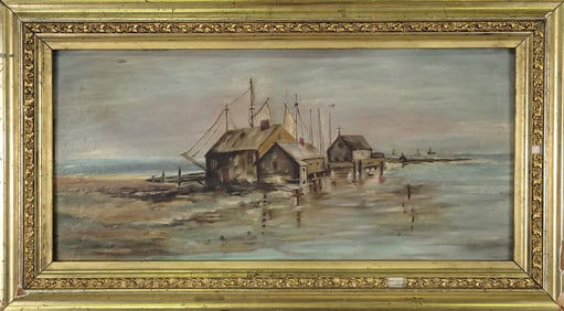 Antique Oil on Board View of Commercial Wharf Nantucket