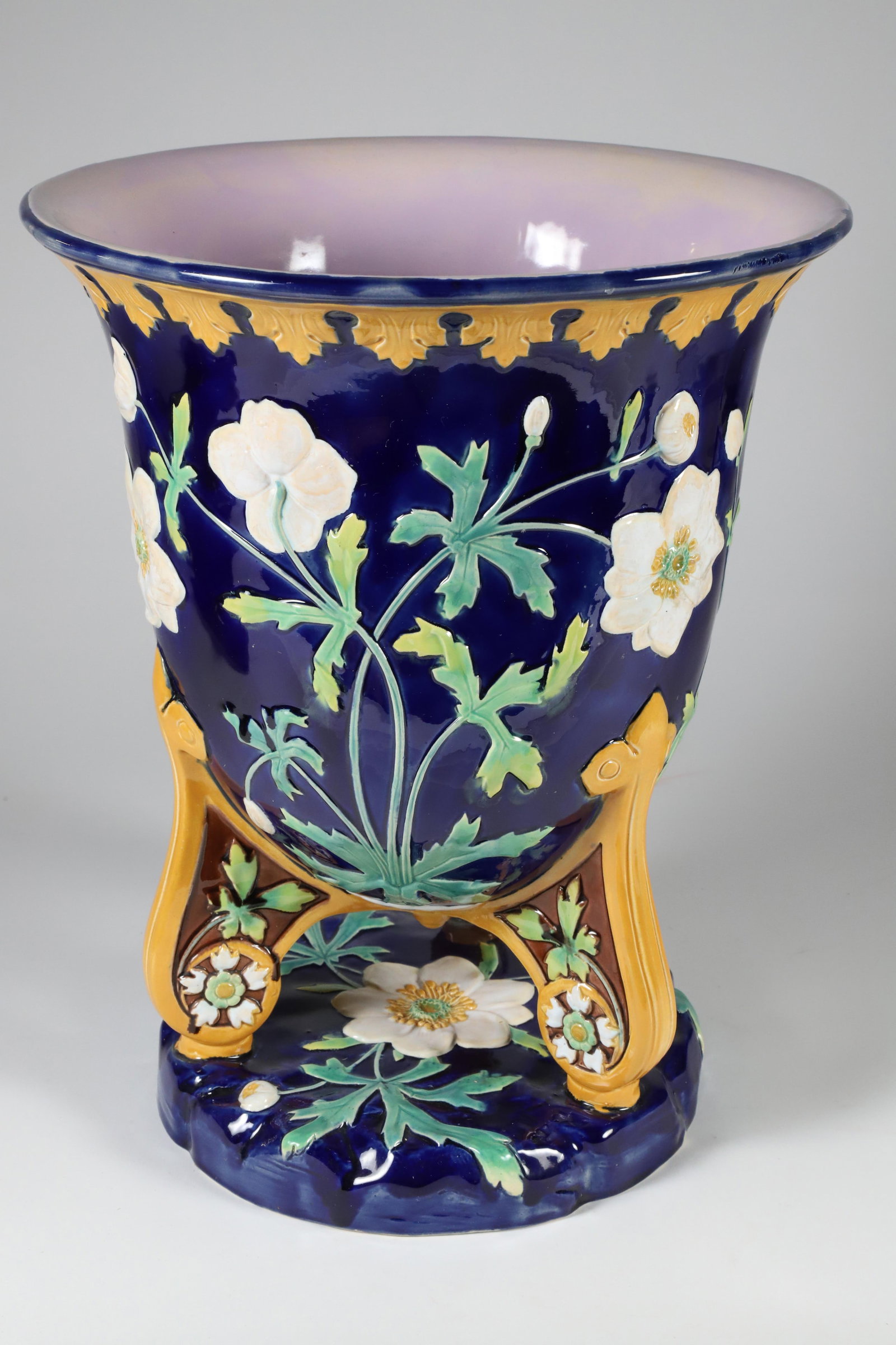 Minton's Majolica Jardinier, Cobalt Blue Glaze with Floral Decorations, 19th Century: Minton's Majolica Jardinier, Cobalt Blue Glaze with Floral Decorations, 19th Century Height 14 in. Provenance: Collection of Susan Akers, 7 Pleasant Street, Nantucket Island, Massachusetts