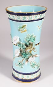 Majolica Vase with Applied Flowers, Bird and Butterfly, 19th Century