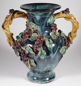 Majolica Style Grape and Leaf Two-Handle Large Vase