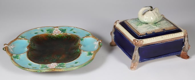 Antique Majolica Swan Handled Box and Serving Plate