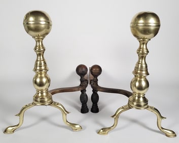 Early 19th C. Boston Brass Ball Top Andirons