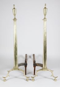Pair of Brass Column and Finial Andirons with Matching Log Stops