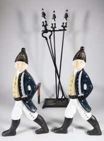 Pair of Painted Cast Iron Hessian Andirons with Matching Fireplace Tool Set