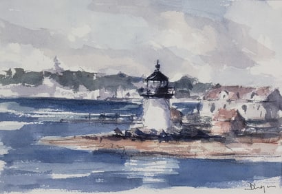David Lazarus Watercolor on Paper "Brant Point Lighthouse, Nantucket", Painting