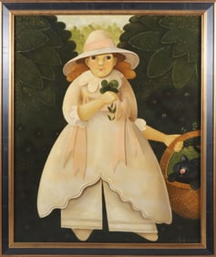Steve L. Cull Folk Art Oil on Linen "Portrait of a Girl and Her Cat"