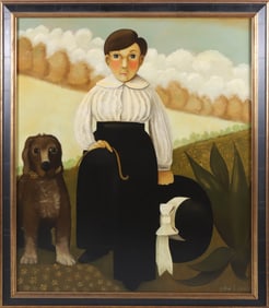 Steve L. Cull Folk Art Oil on Linen "Portrait of a Boy and His Dog"