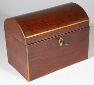 Tropical Wood Dome Top Double Compartment Tea Caddy with Line Inlay, 19th Century