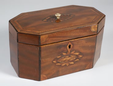 British Regency Octagonal Mahogany Inlaid Double Compartment Tea Caddy, 19th Century