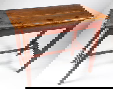 American Country Pine Side Table, 19th Century: American Country Pine Side Table, 19th Century, with red painted base, cross stretcher Height 29 in. Length 39 in. Width 23 in.