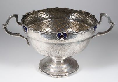 Antique Sheffield "Art Nouveau" Hand Hammered Pedestal Rose Bowl with Flower Frog