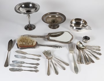Twenty-Six Pieces of Assorted Sterling Silver Including Porringer, Tazza, Brush, Mirror, Forks,