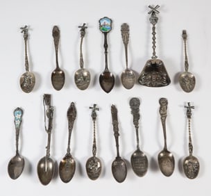 Collection of Sixteen Sterling and Silver Plated Souvenir Spoons