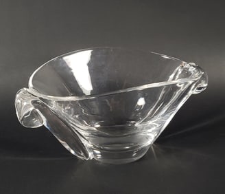 Signed Steuben Clear Crystal Scroll Handle Candy Dish, 20th century