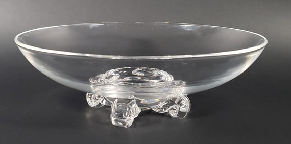 John Dreves Large Signed Steuben Clear Crystal Scroll Footed Bowl, 20th century