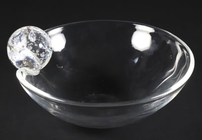 Signed Steuben Crystal Bowl with Applied Ball Handle, Designed by Joel Smith, 1999