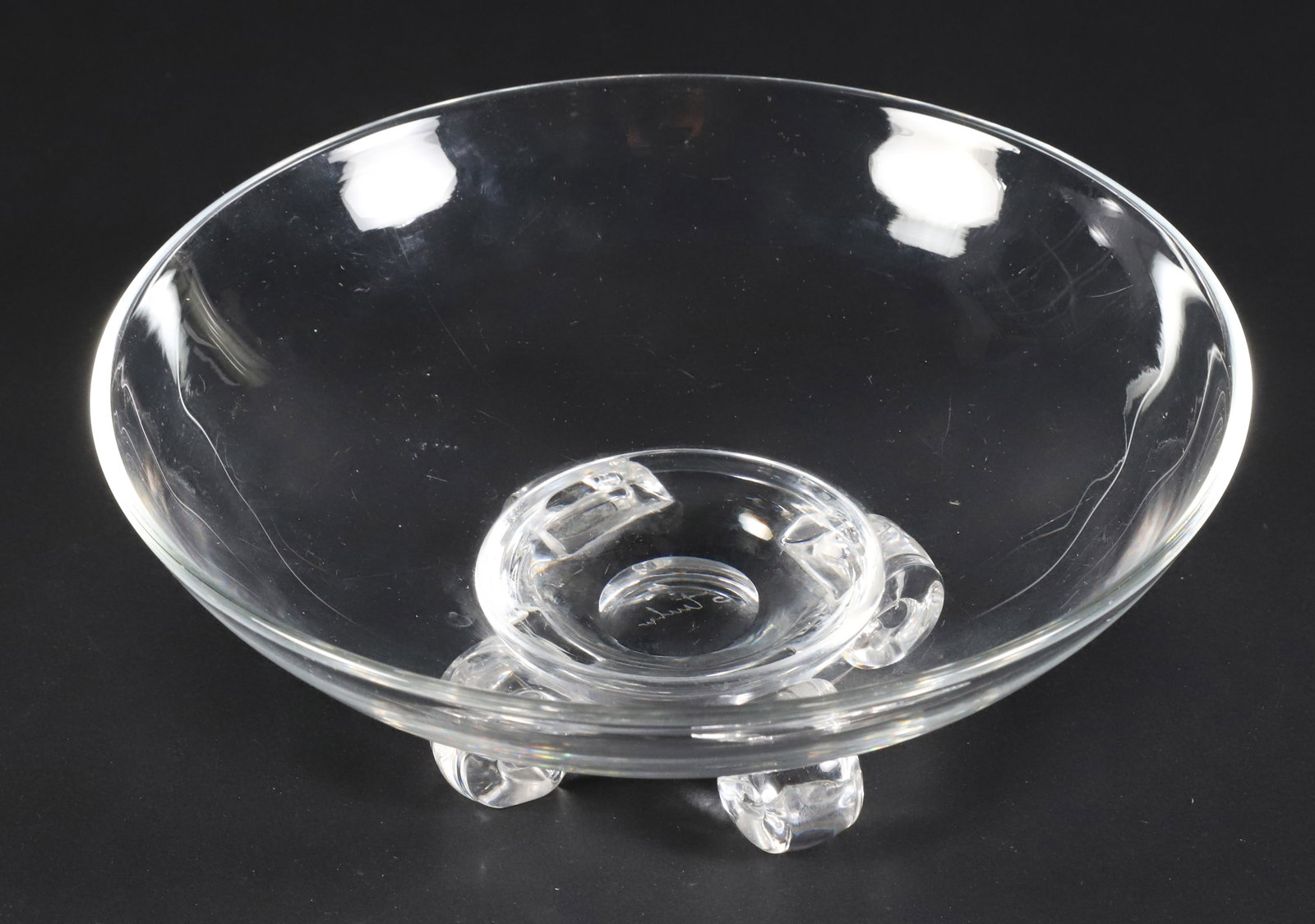 Signed Steuben Crystal Footed Bowl Designed by John Dreves in 1942: Signed Steuben Crystal Footed Bowl Designed by John Dreves in 1942, with four scrolled shaped feet Diameter 8 in.