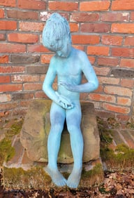 Green Patina Signed Bronze Sculpture of a Girl with a Turtle