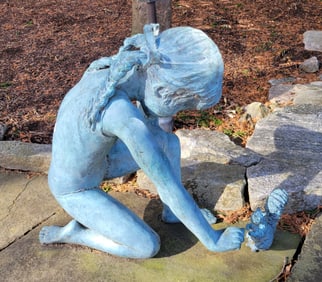 Green Patina Bronze Sculpture of a Girl Feeding a Squirrel, Limited Edition 2/10