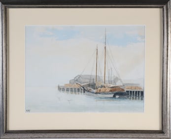 Watercolor on Paper "Schooner at Nantucket Dock"