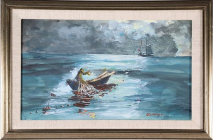 D'Andrea Miniature Oil on Board Seascape "Moonlight Seiner"
