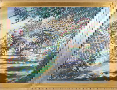 Paul Arsenault Oil on Canvas "Center Street, Sconset": Paul Arsenault (Nantucket Contemporary) Oil on Canvas "Center Street, Sconset", signed lower right Arsenault, in gilt frame 35 in. x 47 in. Framed 42.5 in. x 45 in.