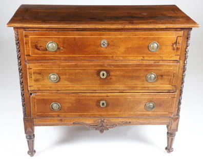 Italian Fruitwood Inlaid Three Drawer Chest, late 18th Century: Italian Fruitwood Inlaid Three Drawer Chest, late 18th Century, line inlay on top, sides, and drawers, leaf carved corner columns, ribbon carved front and side aprons, brass repousse ring handles and