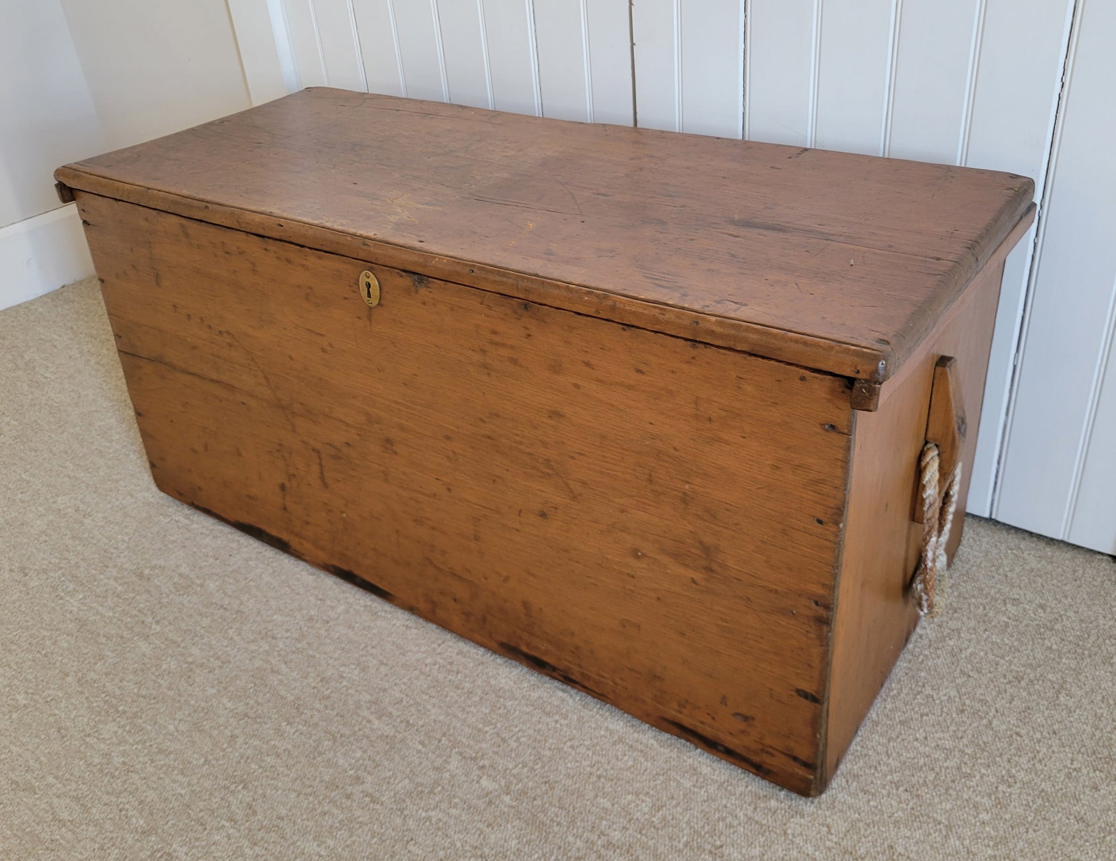 American Pine Sea Chest, 19th Century: American Pine Sea Chest, 19th Century, with rope beckets Height 20 in. Width 44 in. Depth 18 in. Provenance: Collection of Susan Akers, 7 Pleasant Street, Nantucket Island, Massachusetts
