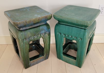 Pair of Vintage Green Glazed Chinese Ceramic Square Garden Stools
