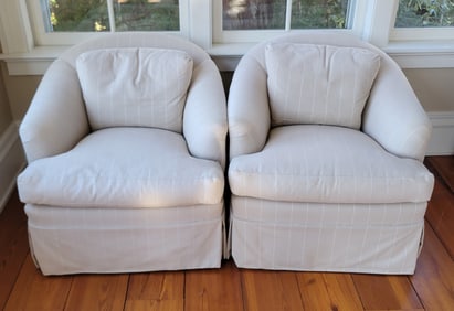 Pair of Creme-Beige Pinstripe Upholstered Swivel Club Chairs