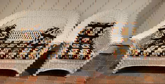 White Painted Wicker Sofa and Armchair with "Playing Card" Needlepoint Pillows