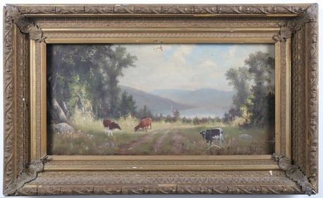 E. T. Wilson Oil on Canvas "Cattle Grazing by the Lakeside", circa 1886