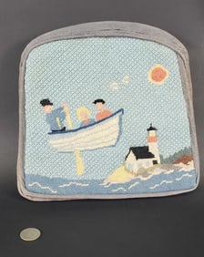 Vintage Nautical Lighthouse and Dory Needlepoint Childs Seat Cushion, 20th century