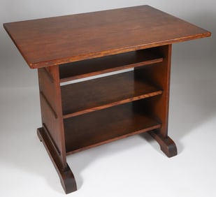 Arts and Crafts Oak Three-Shelf Trestle Table, in the Manner of Stickley Brothers, early 20th