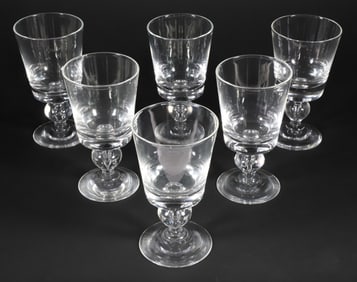 Set of Six Signed Steuben Glass Goblets with Blown Bubble in the Stem