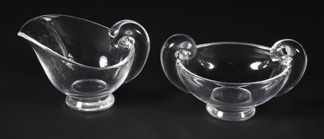 Pair of Signed Steuben Clear Crystal Creamer and Sugar