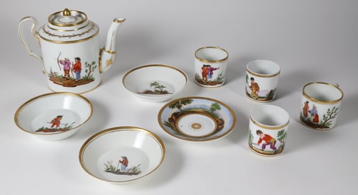 European Hand Painted "Russian Gardner" Porcelain Teapot and Cups and Saucers, early 19th Century
