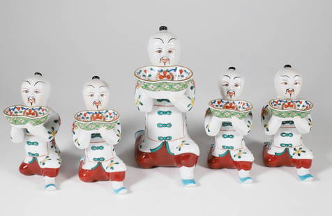 Collection of Five Herend Chinese Mandarin Kneeling Men Salt Bearer Bowl Figurines: Collection of Five Herend Chinese Mandarin Kneeling Men Salt Bearer Bowl Figurines, each with a maker's mark Heights 4.5 in. to 7 in. Provenance: Collection of Susan Akers, 7 Pleasant Street, Nantucke