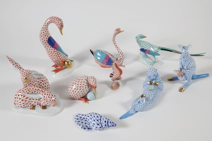 Collection of Eight Herend Hand Painted Porcelain Animals and One Shell